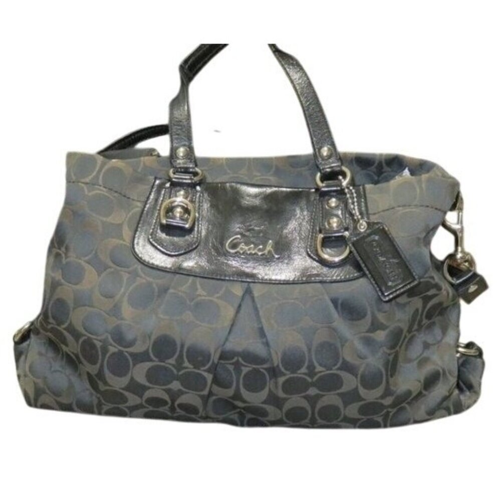 Coach Black Brown monogrammed Leather Large Satchel Tote  Shoulder Bag Purse